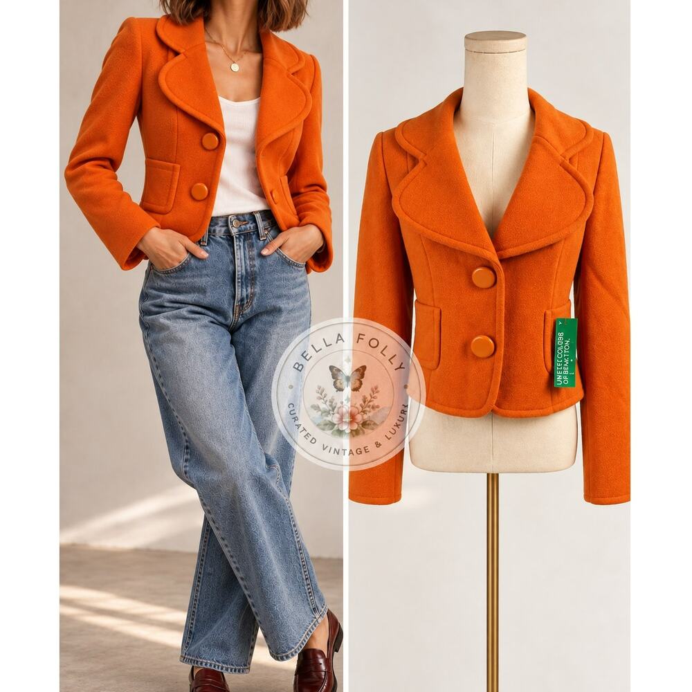 NWT Vintage United Colors of Benetton Orange Wool Jacket 42 US 4 Made in Italy